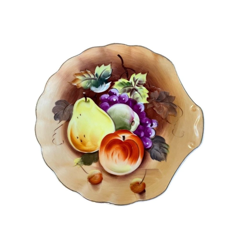 Lefton Handpainted Shell Shaped Plate w/ Fruit and Leaf Design, 7 3/4"